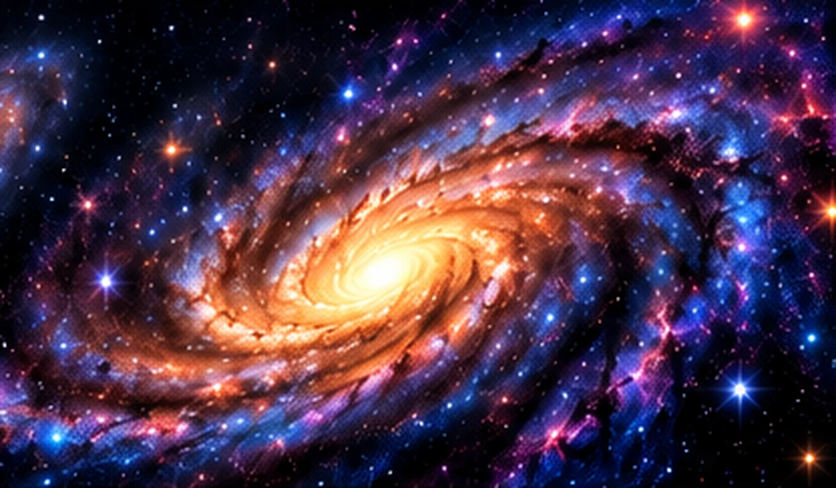 Ilustrasi galaksi spiral dengan beberapa galaksi di deep space