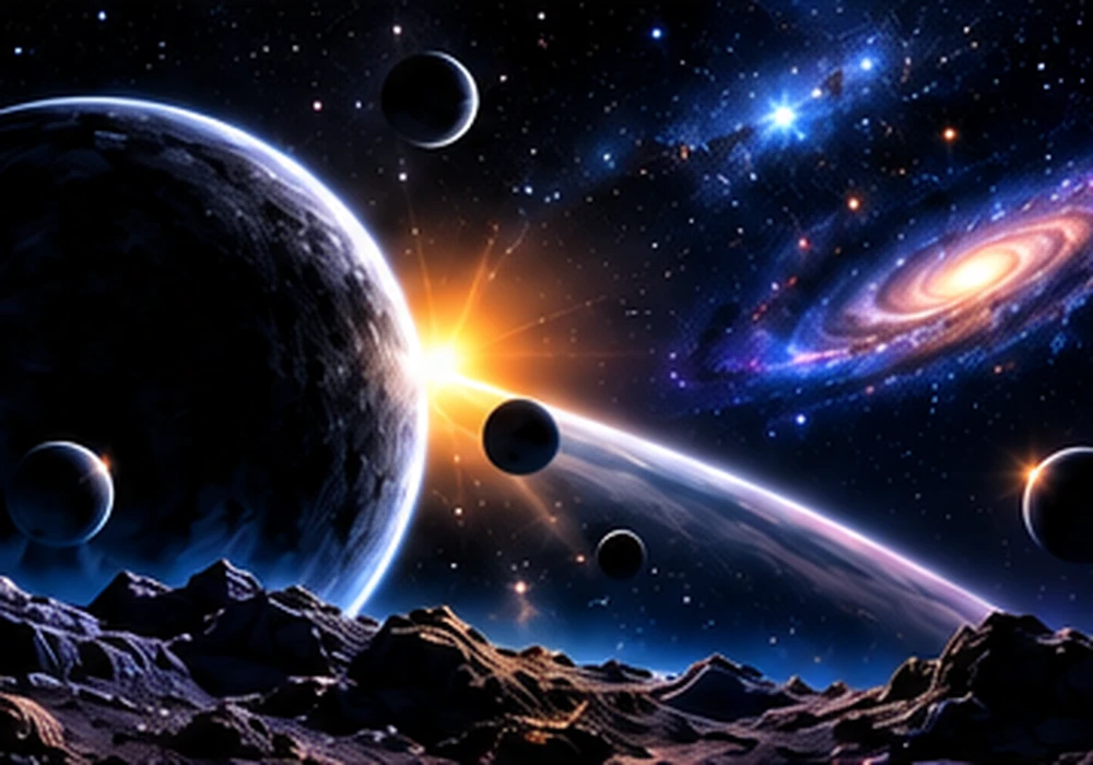 Ilustrasi planet, galaksi jauh, dan cahaya bintang